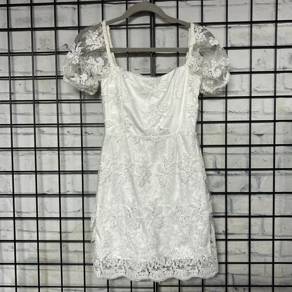 Lulu’s Avid Admiration White Embroidered Sequin Puff Sleeve Mini Dress - Picture 4 of 8
